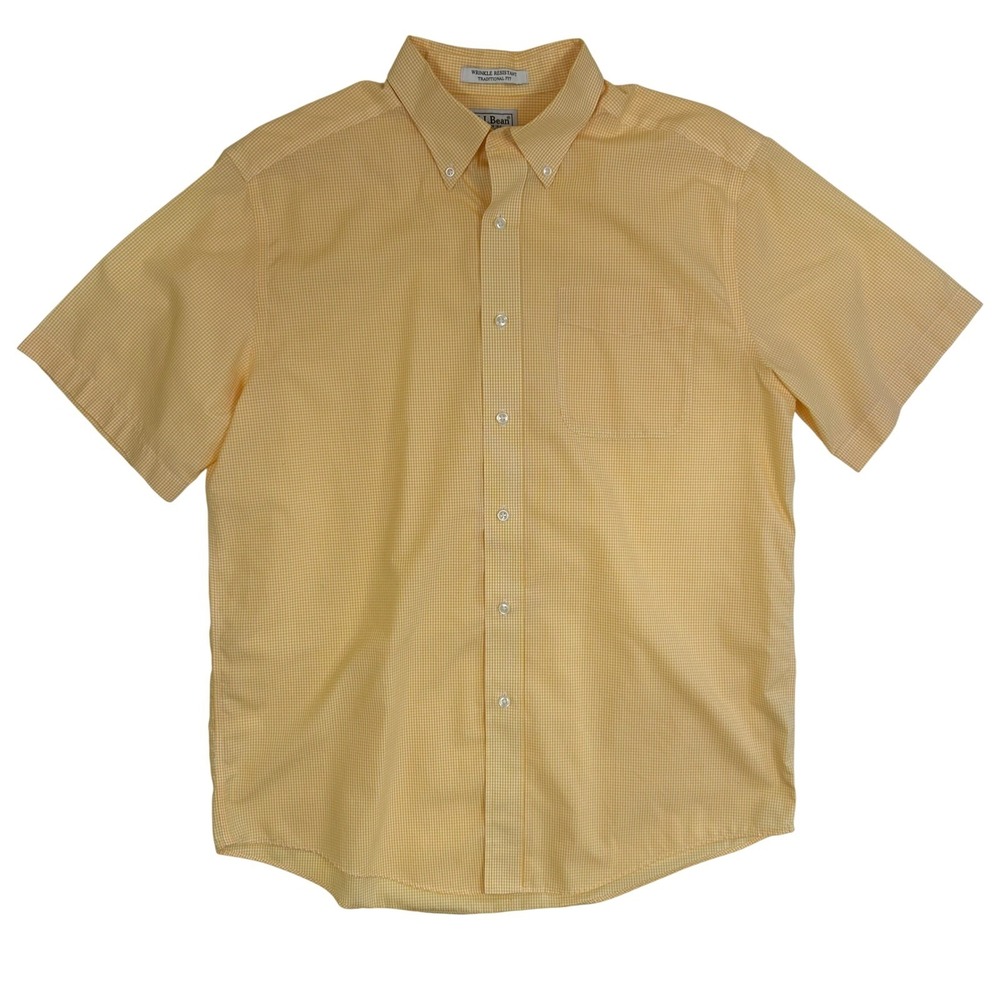 LL Bean Mens Short Sleeve Gingham Button Down Shirt Yellow White Traditional Fit